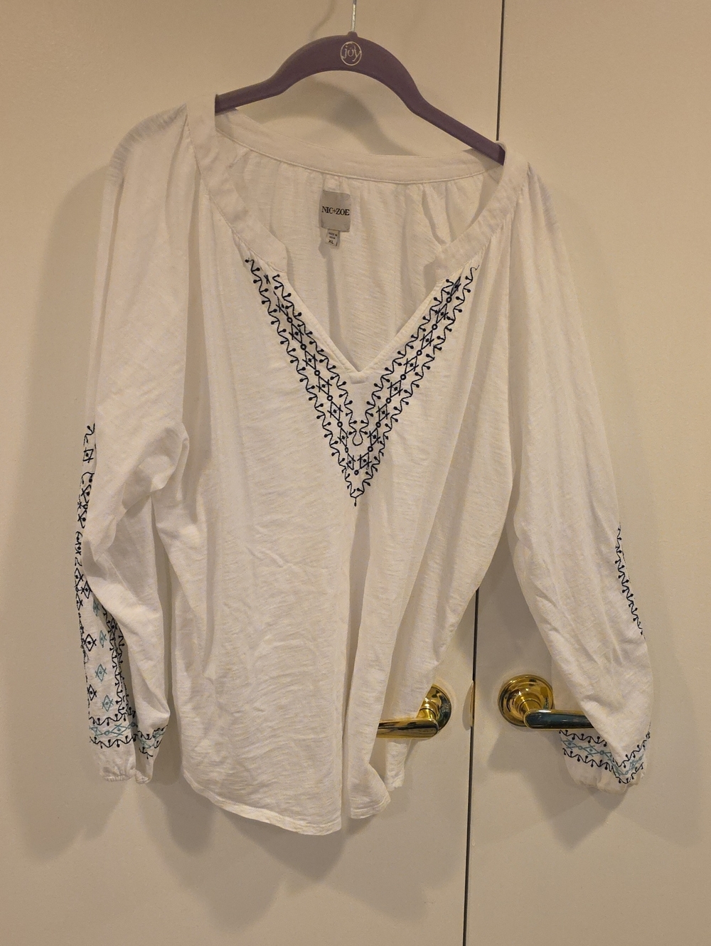 NIC+ZOE White Cotton  Tunic with Navy Embroidery Suze XL